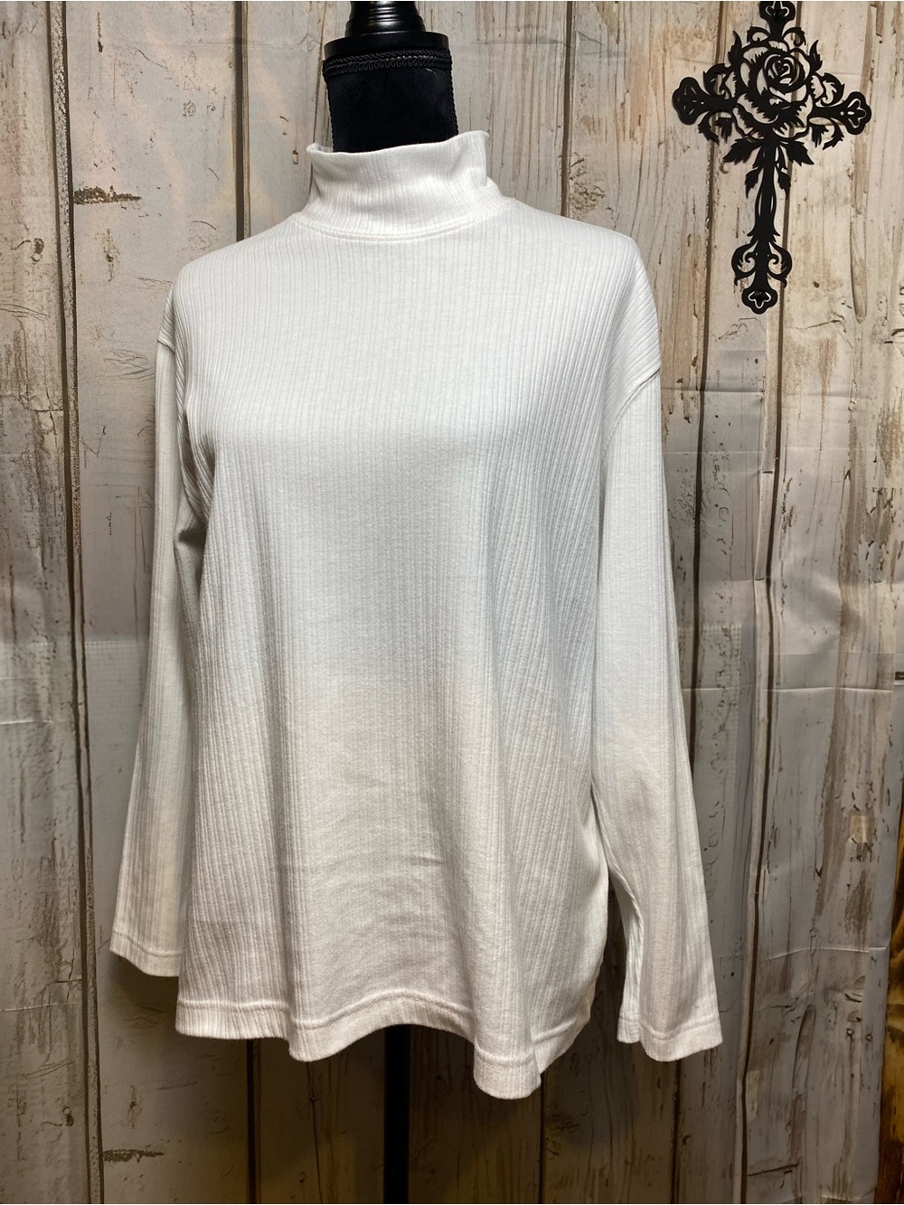 Classic White Ribbed Mock Neck Long-Sleeve Top Sz-L